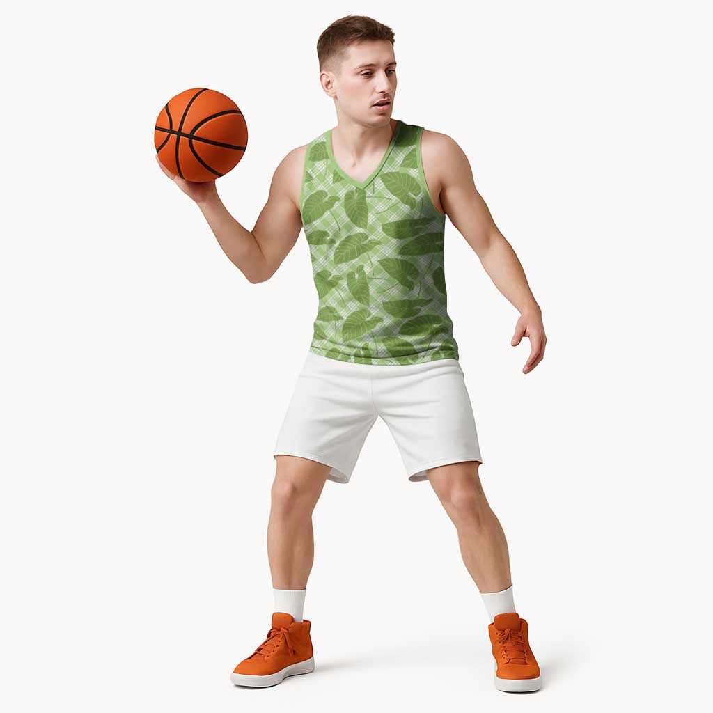 Green Hawaii Kalo Palaka Motifs Basketball Jersey Hawaiian Taro Leaves Elegant Vibes LT14 - Polynesian Pride