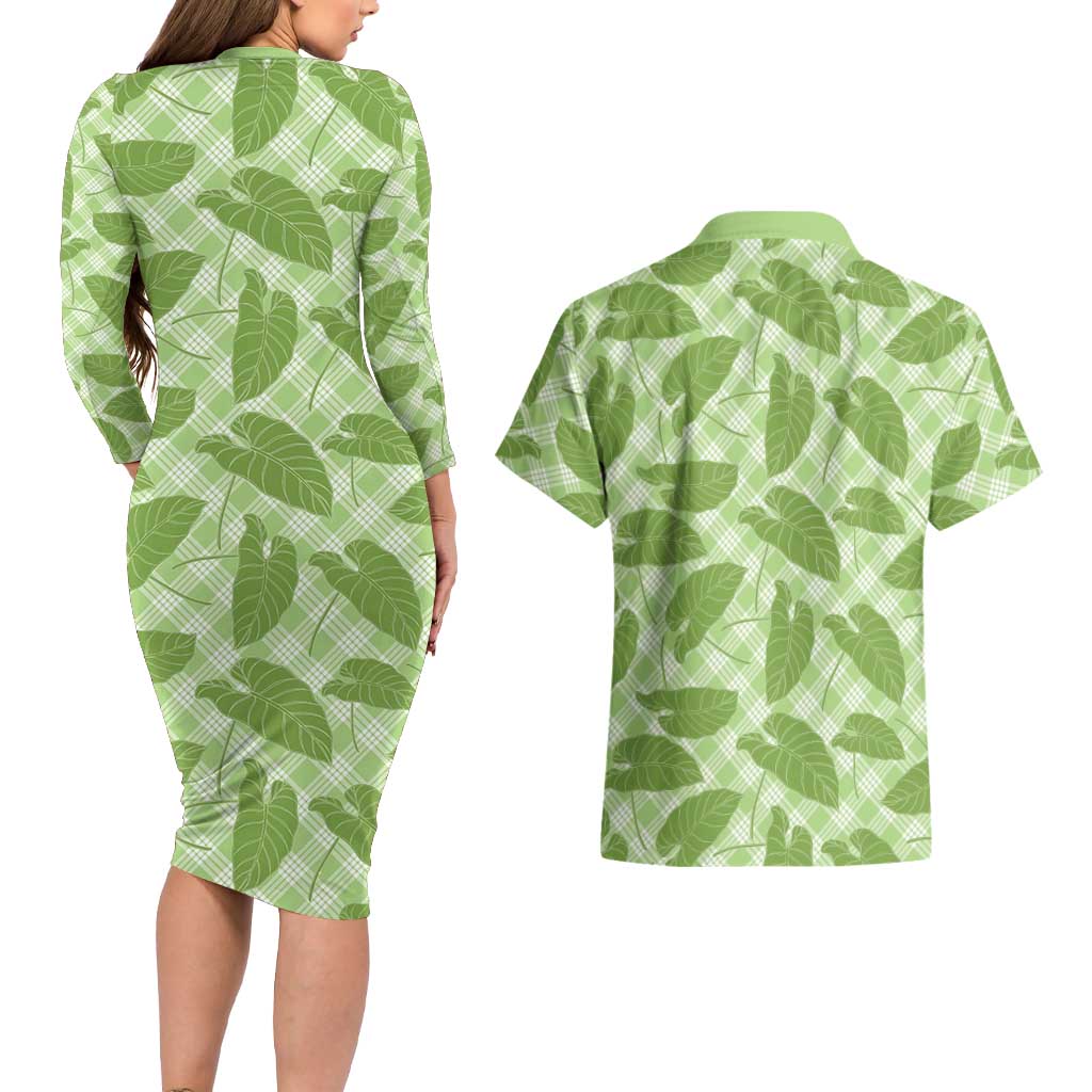 Green Hawaii Kalo Palaka Motifs Couples Matching Long Sleeve Bodycon Dress and Hawaiian Shirt Hawaiian Taro Leaves Elegant Vibes LT14 - Polynesian Pride