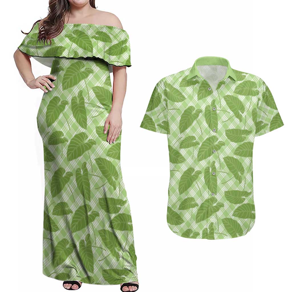 Green Hawaii Kalo Palaka Motifs Couples Matching Off Shoulder Maxi Dress and Hawaiian Shirt Hawaiian Taro Leaves Elegant Vibes LT14 Green - Polynesian Pride
