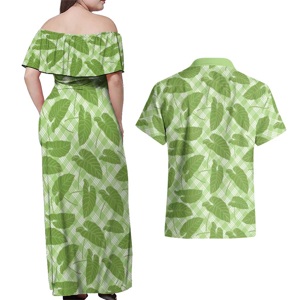 Green Hawaii Kalo Palaka Motifs Couples Matching Off Shoulder Maxi Dress and Hawaiian Shirt Hawaiian Taro Leaves Elegant Vibes LT14 - Polynesian Pride