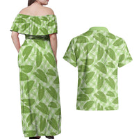 Green Hawaii Kalo Palaka Motifs Couples Matching Off Shoulder Maxi Dress and Hawaiian Shirt Hawaiian Taro Leaves Elegant Vibes LT14 - Polynesian Pride