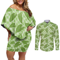 Green Hawaii Kalo Palaka Motifs Couples Matching Off Shoulder Short Dress and Long Sleeve Button Shirt Hawaiian Taro Leaves Elegant Vibes LT14 Green - Polynesian Pride