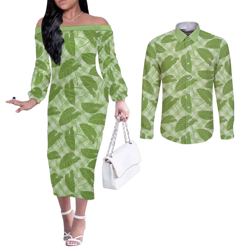 Green Hawaii Kalo Palaka Motifs Couples Matching Off The Shoulder Long Sleeve Dress and Long Sleeve Button Shirt Hawaiian Taro Leaves Elegant Vibes - Polynesian Pride