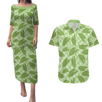 Green Hawaii Kalo Palaka Motifs Couples Matching Puletasi and Hawaiian Shirt Hawaiian Taro Leaves Elegant Vibes LT14 Green - Polynesian Pride