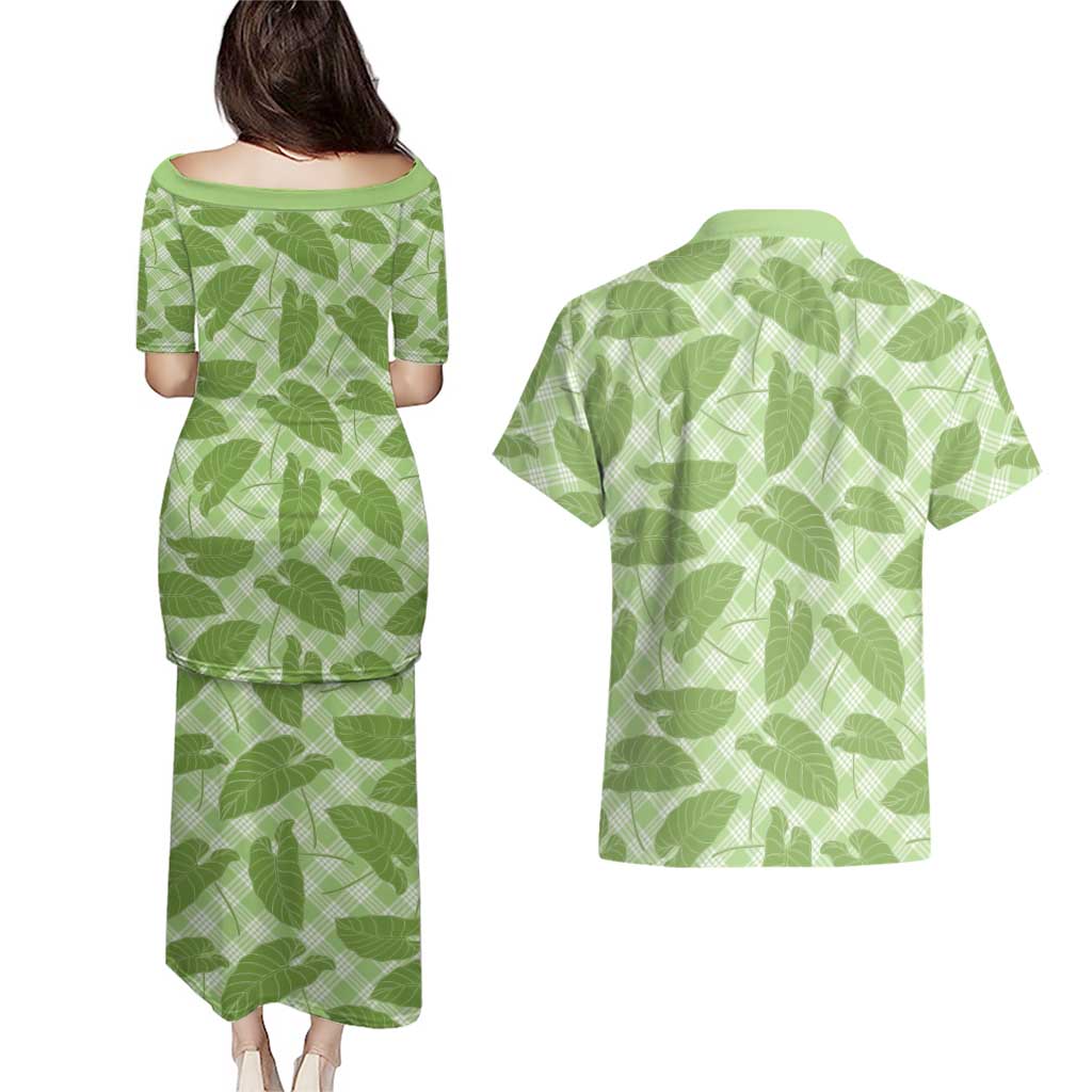 Green Hawaii Kalo Palaka Motifs Couples Matching Puletasi and Hawaiian Shirt Hawaiian Taro Leaves Elegant Vibes LT14 - Polynesian Pride