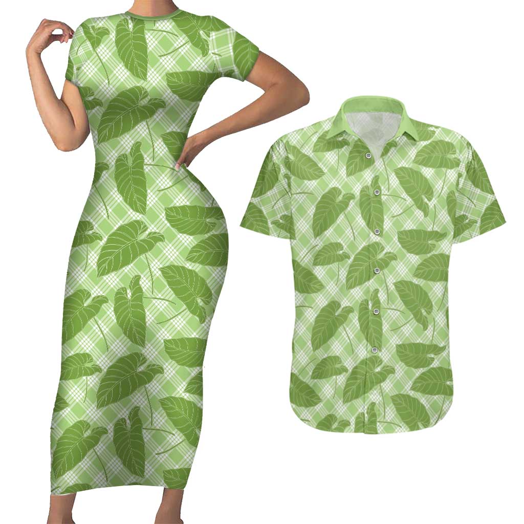 Green Hawaii Kalo Palaka Motifs Couples Matching Short Sleeve Bodycon Dress and Hawaiian Shirt Hawaiian Taro Leaves Elegant Vibes LT14 Green - Polynesian Pride