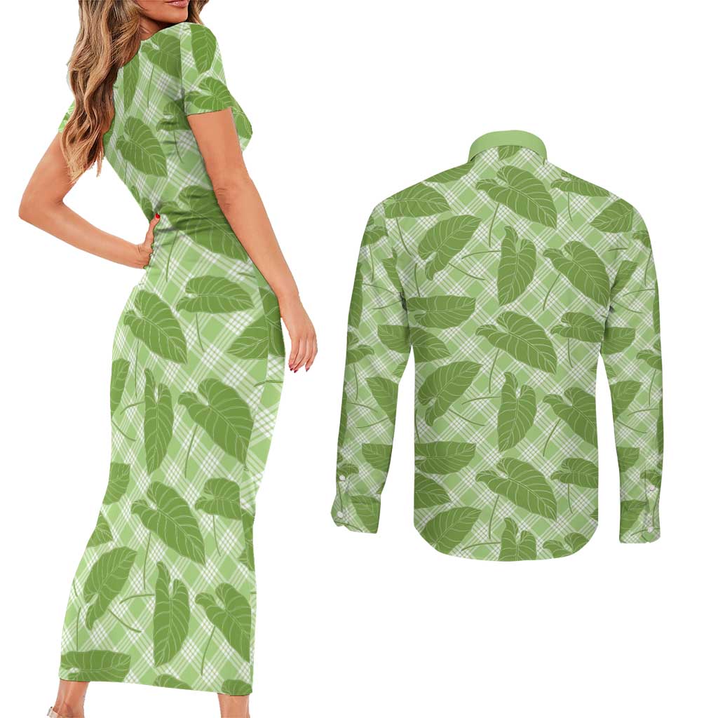Green Hawaii Kalo Palaka Motifs Couples Matching Short Sleeve Bodycon Dress and Long Sleeve Button Shirt Hawaiian Taro Leaves Elegant Vibes LT14 - Polynesian Pride