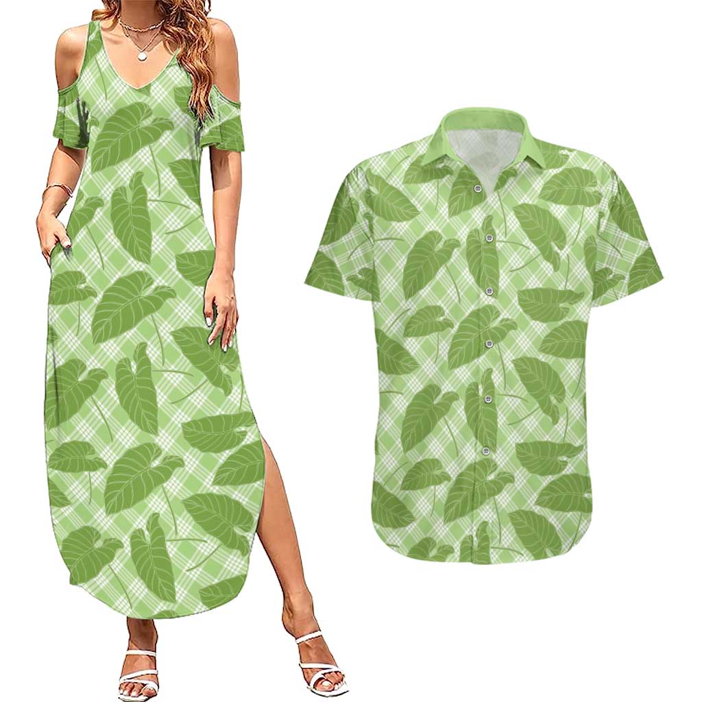 Green Hawaii Kalo Palaka Motifs Couples Matching Summer Maxi Dress and Hawaiian Shirt Hawaiian Taro Leaves Elegant Vibes LT14 Green - Polynesian Pride