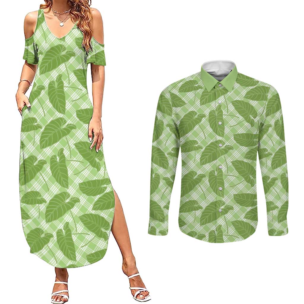 Green Hawaii Kalo Palaka Motifs Couples Matching Summer Maxi Dress and Long Sleeve Button Shirt Hawaiian Taro Leaves Elegant Vibes LT14 Green - Polynesian Pride