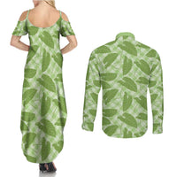 Green Hawaii Kalo Palaka Motifs Couples Matching Summer Maxi Dress and Long Sleeve Button Shirt Hawaiian Taro Leaves Elegant Vibes LT14 - Polynesian Pride