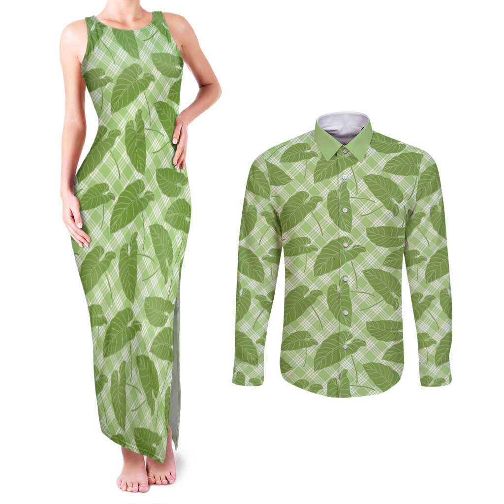 Green Hawaii Kalo Palaka Motifs Couples Matching Tank Maxi Dress and Long Sleeve Button Shirt Hawaiian Taro Leaves Elegant Vibes LT14 Green - Polynesian Pride