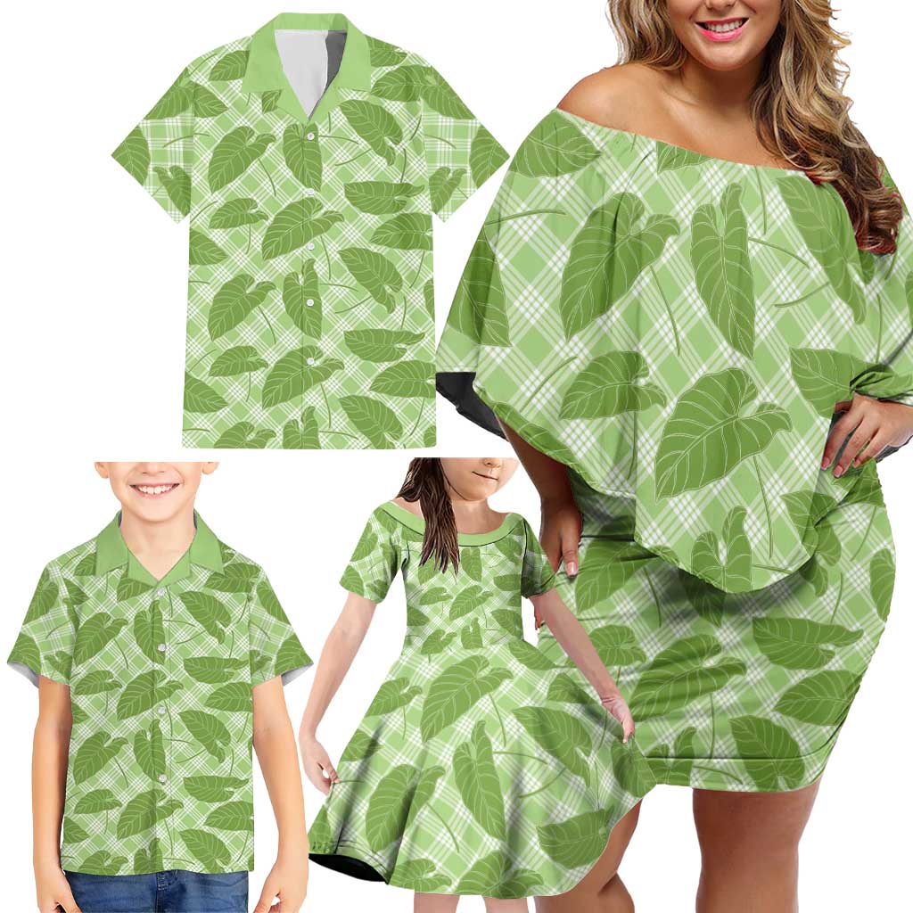 Green Hawaii Kalo Palaka Motifs Family Matching Off Shoulder Short Dress and Hawaiian Shirt Hawaiian Taro Leaves Elegant Vibes LT14 - Polynesian Pride