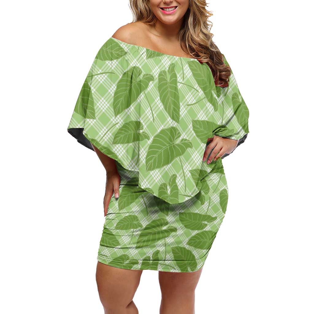 Green Hawaii Kalo Palaka Motifs Family Matching Off Shoulder Short Dress and Hawaiian Shirt Hawaiian Taro Leaves Elegant Vibes LT14 Mom's Dress Green - Polynesian Pride