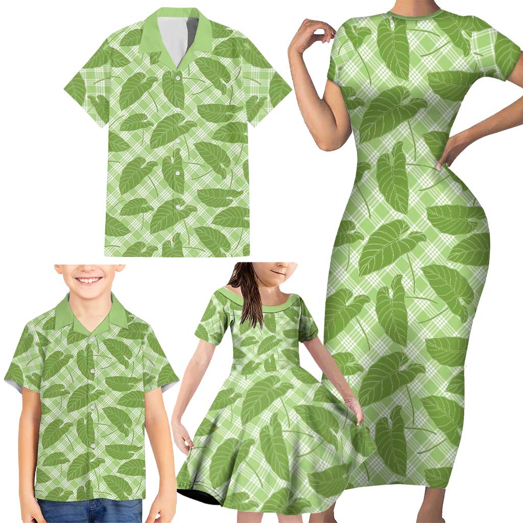 Green Hawaii Kalo Palaka Motifs Family Matching Short Sleeve Bodycon Dress and Hawaiian Shirt Hawaiian Taro Leaves Elegant Vibes LT14 - Polynesian Pride