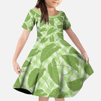Green Hawaii Kalo Palaka Motifs Family Matching Summer Maxi Dress and Hawaiian Shirt Hawaiian Taro Leaves Elegant Vibes LT14 Daughter's Dress Green - Polynesian Pride