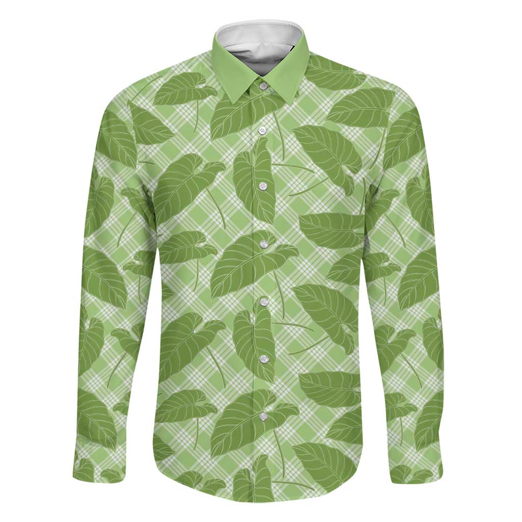 Green Hawaii Kalo Palaka Motifs Family Matching Summer Maxi Dress and Hawaiian Shirt Hawaiian Taro Leaves Elegant Vibes LT14 Dad's Shirt - Long Sleeve Green - Polynesian Pride