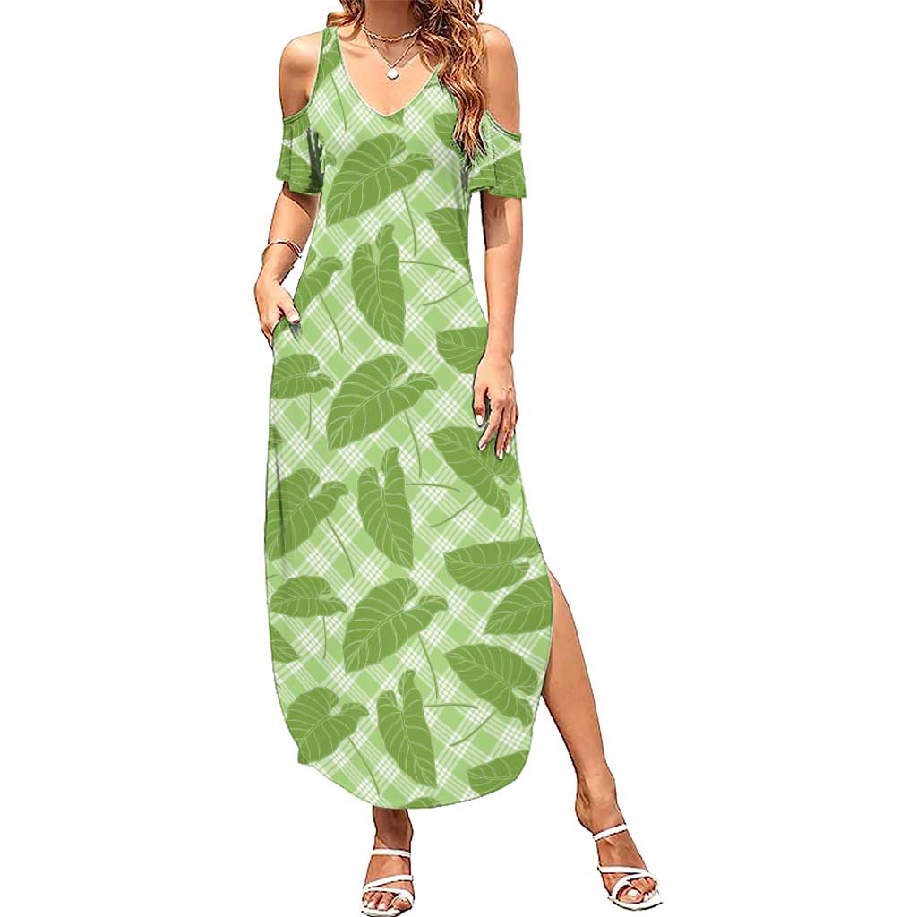 Green Hawaii Kalo Palaka Motifs Family Matching Summer Maxi Dress and Hawaiian Shirt Hawaiian Taro Leaves Elegant Vibes LT14 Mom's Dress Green - Polynesian Pride