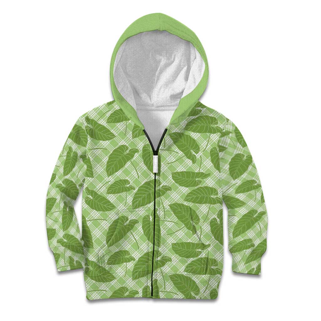 Green Hawaii Kalo Palaka Motifs Kid Hoodie Hawaiian Taro Leaves Elegant Vibes LT14 Zip Hoodie Green - Polynesian Pride