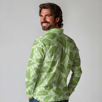 Green Hawaii Kalo Palaka Motifs Long Sleeve Polo Shirt Hawaiian Taro Leaves Elegant Vibes LT14 - Polynesian Pride