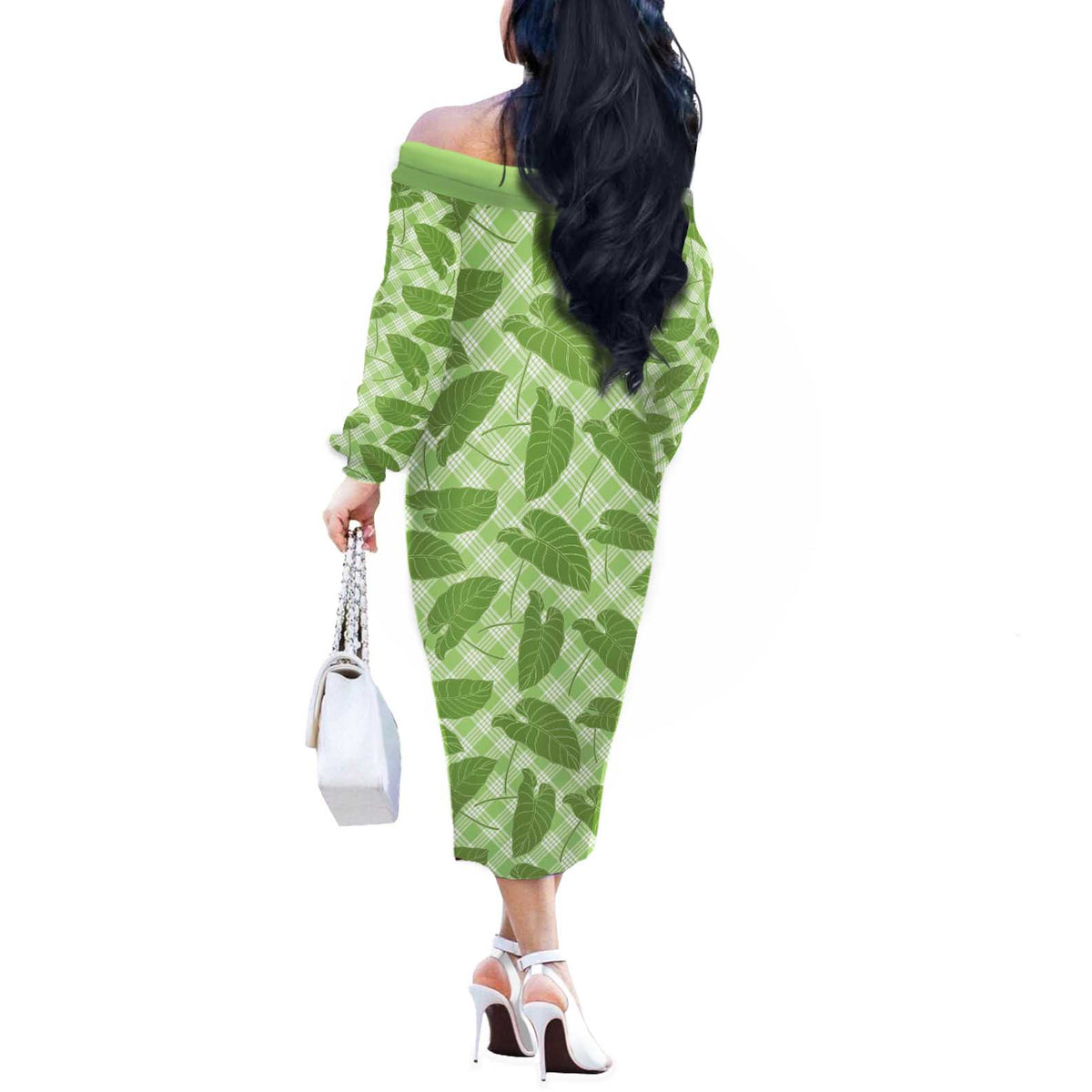 Green Hawaii Kalo Palaka Motifs Off The Shoulder Long Sleeve Dress Hawaiian Taro Leaves Elegant Vibes LT14 - Polynesian Pride