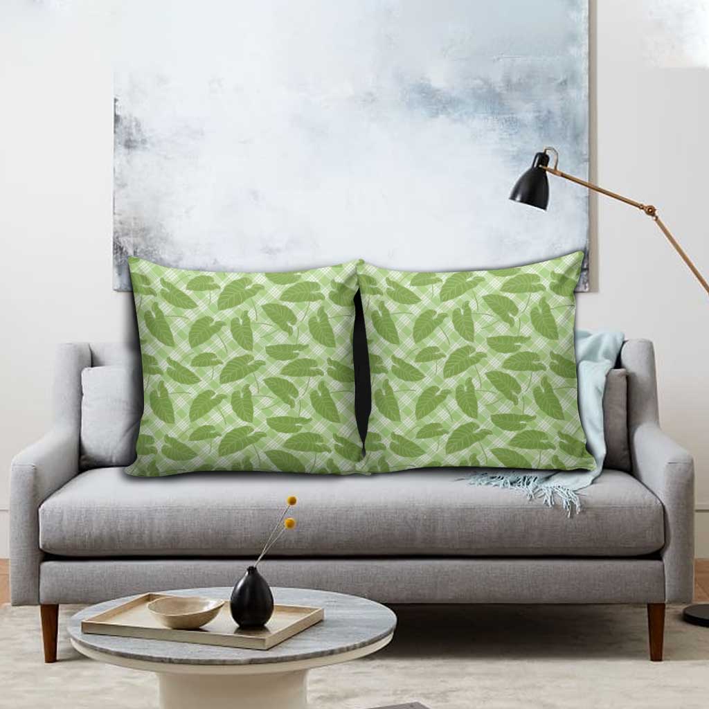Green Hawaii Kalo Palaka Motifs Pillow Cover Hawaiian Taro Leaves Elegant Vibes - Polynesian Pride
