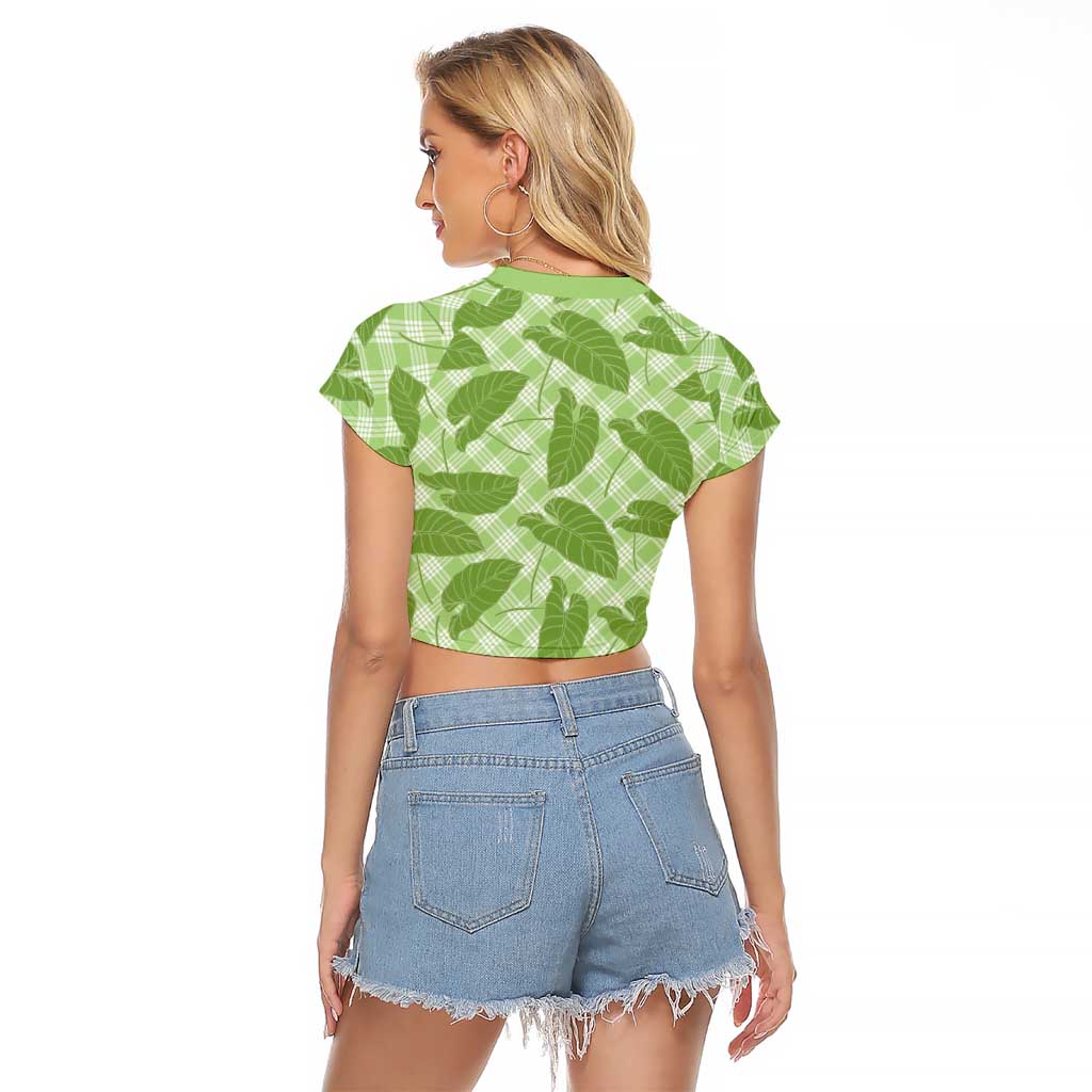 Green Hawaii Kalo Palaka Motifs Raglan Cropped T Shirt Hawaiian Taro Leaves Elegant Vibes LT14 - Polynesian Pride
