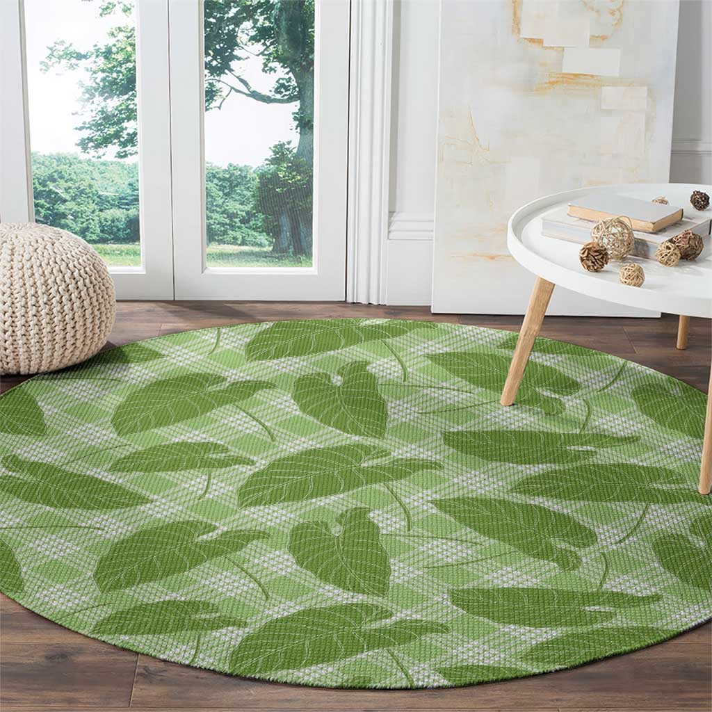 Green Hawaii Kalo Palaka Motifs Round Carpet Hawaiian Taro Leaves Elegant Vibes - Polynesian Pride