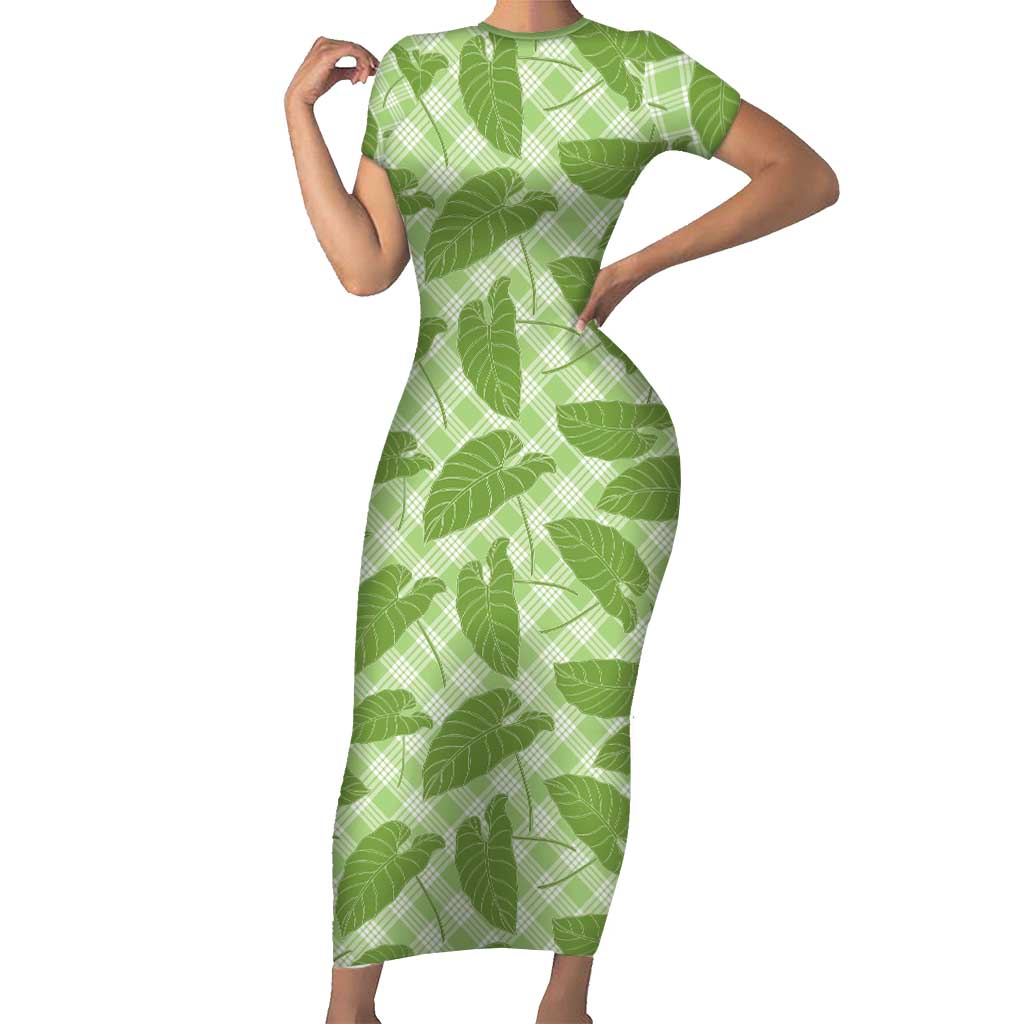 Green Hawaii Kalo Palaka Motifs Short Sleeve Bodycon Dress Hawaiian Taro Leaves Elegant Vibes - Polynesian Pride