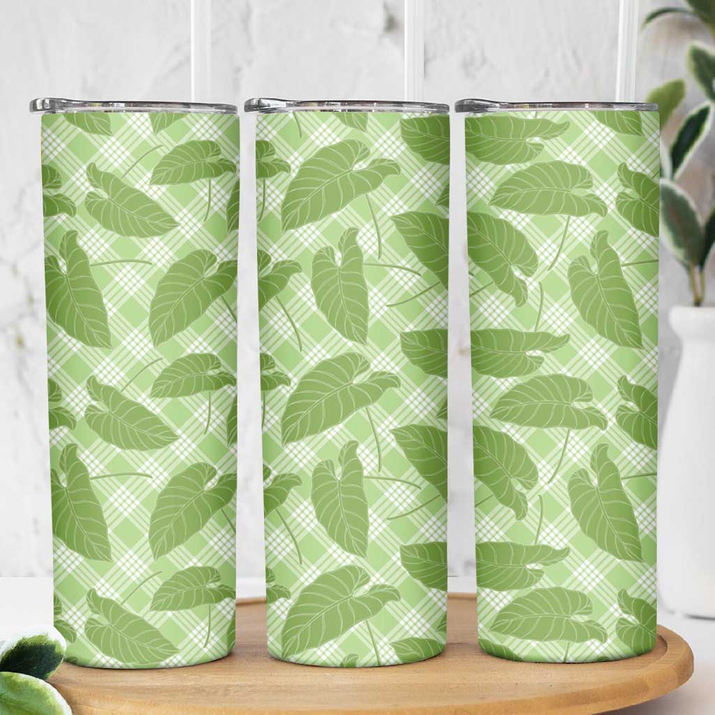 Green Hawaii Kalo Palaka Motifs Skinny Tumbler Hawaiian Taro Leaves Elegant Vibes LT14 - Polynesian Pride