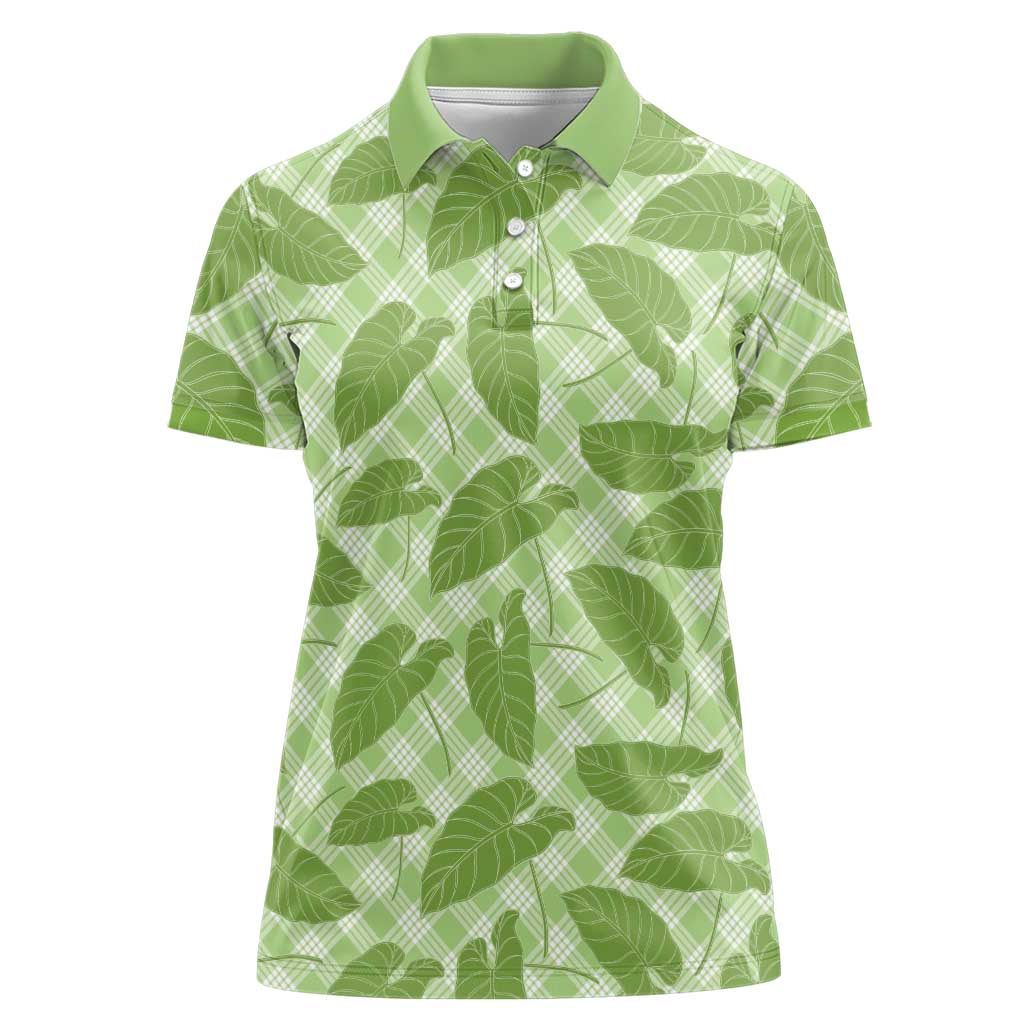 Green Hawaii Kalo Palaka Motifs Women Polo Shirt Hawaiian Taro Leaves Elegant Vibes - Polynesian Pride