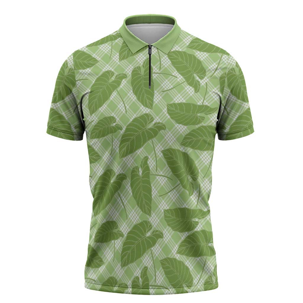 Green Hawaii Kalo Palaka Motifs Zipper Polo Shirt Hawaiian Taro Leaves Elegant Vibes LT14 Green - Polynesian Pride