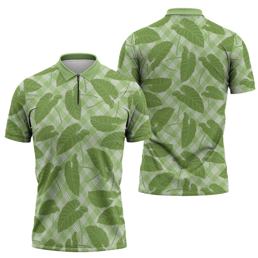 Green Hawaii Kalo Palaka Motifs Zipper Polo Shirt Hawaiian Taro Leaves Elegant Vibes LT14 - Polynesian Pride