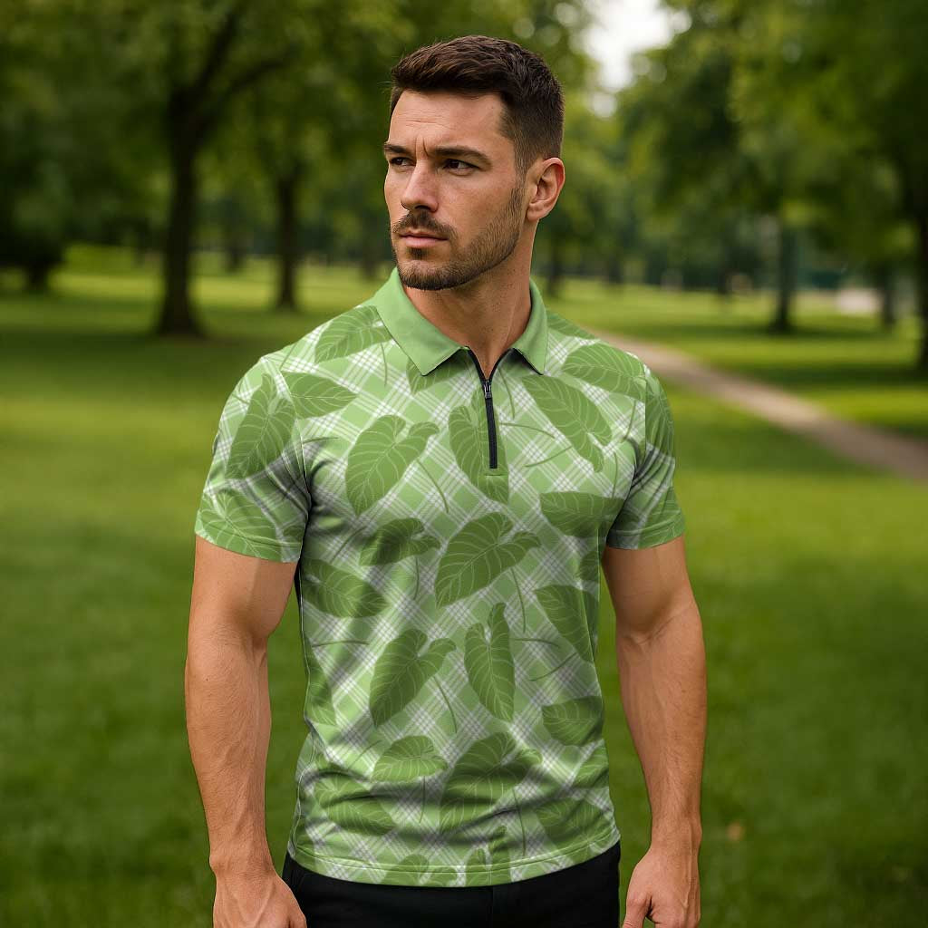 Green Hawaii Kalo Palaka Motifs Zipper Polo Shirt Hawaiian Taro Leaves Elegant Vibes LT14 - Polynesian Pride