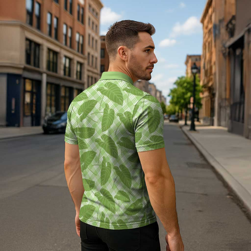 Green Hawaii Kalo Palaka Motifs Zipper Polo Shirt Hawaiian Taro Leaves Elegant Vibes LT14 - Polynesian Pride