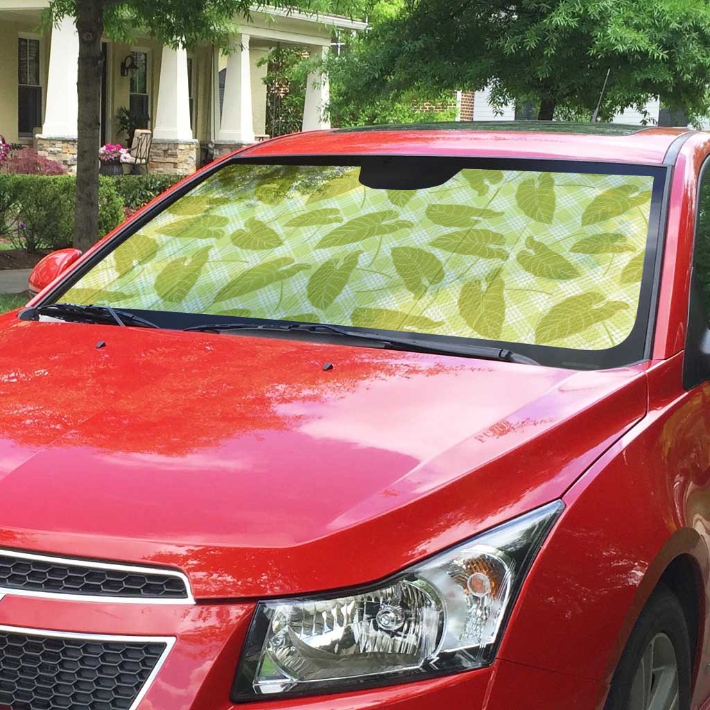 Lime Green Hawaii Kalo Palaka Motifs Auto Sun Shade Hawaiian Taro Leaves Elegant Vibes - Polynesian Pride