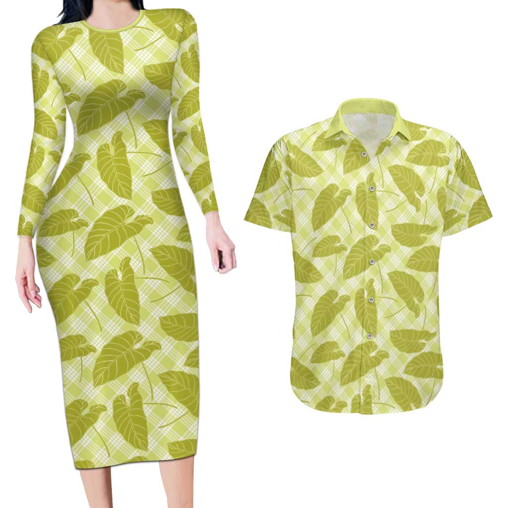 Lime Green Hawaii Kalo Palaka Motifs Couples Matching Long Sleeve Bodycon Dress and Hawaiian Shirt Hawaiian Taro Leaves Elegant Vibes LT14 Lime Green - Polynesian Pride