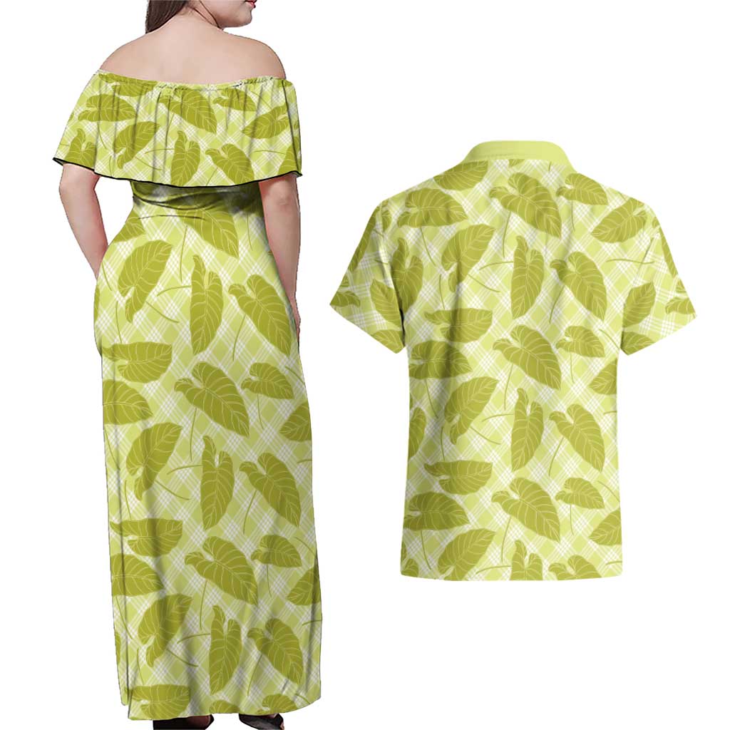 Lime Green Hawaii Kalo Palaka Motifs Couples Matching Off Shoulder Maxi Dress and Hawaiian Shirt Hawaiian Taro Leaves Elegant Vibes LT14 - Polynesian Pride