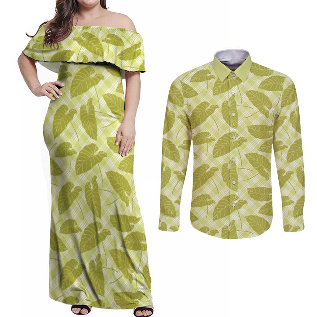 Lime Green Hawaii Kalo Palaka Motifs Couples Matching Off Shoulder Maxi Dress and Long Sleeve Button Shirt Hawaiian Taro Leaves Elegant Vibes LT14 Lime Green - Polynesian Pride