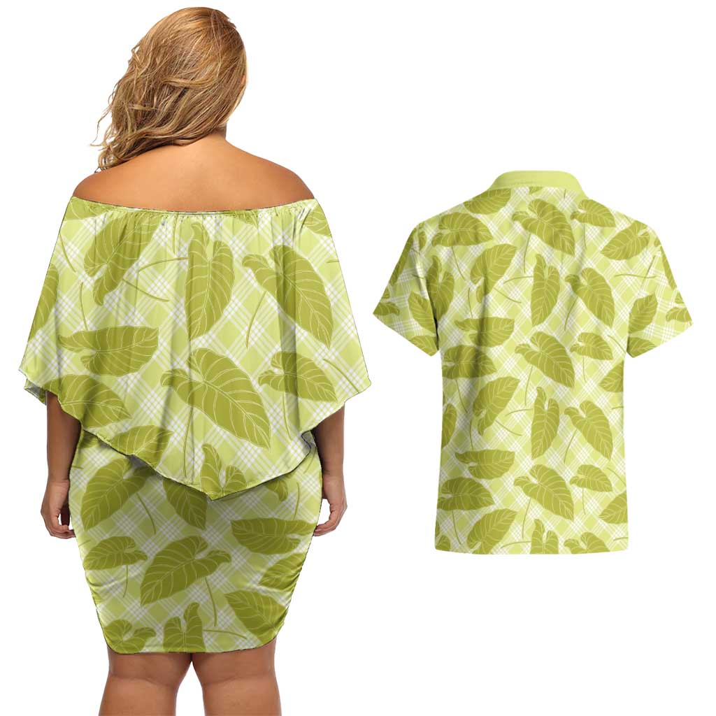 Lime Green Hawaii Kalo Palaka Motifs Couples Matching Off Shoulder Short Dress and Hawaiian Shirt Hawaiian Taro Leaves Elegant Vibes LT14 - Polynesian Pride
