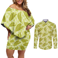 Lime Green Hawaii Kalo Palaka Motifs Couples Matching Off Shoulder Short Dress and Long Sleeve Button Shirt Hawaiian Taro Leaves Elegant Vibes LT14 Lime Green - Polynesian Pride