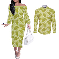 Lime Green Hawaii Kalo Palaka Motifs Couples Matching Off The Shoulder Long Sleeve Dress and Long Sleeve Button Shirt Hawaiian Taro Leaves Elegant Vibes LT14 Lime Green - Polynesian Pride