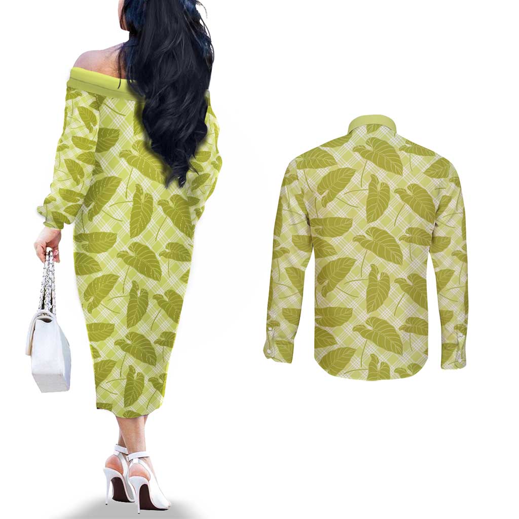 Lime Green Hawaii Kalo Palaka Motifs Couples Matching Off The Shoulder Long Sleeve Dress and Long Sleeve Button Shirt Hawaiian Taro Leaves Elegant Vibes LT14 - Polynesian Pride