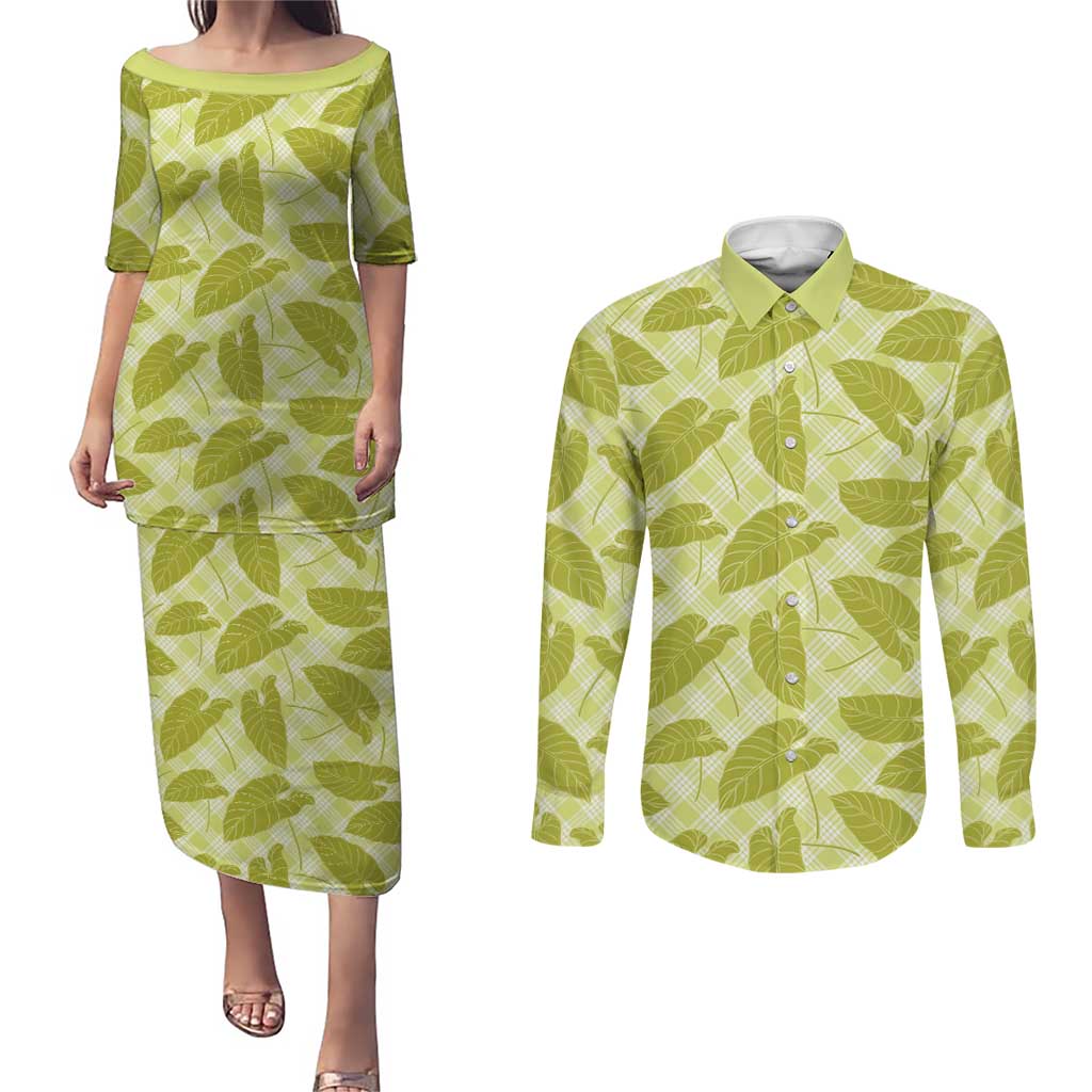 Lime Green Hawaii Kalo Palaka Motifs Couples Matching Puletasi and Long Sleeve Button Shirt Hawaiian Taro Leaves Elegant Vibes LT14 Lime Green - Polynesian Pride
