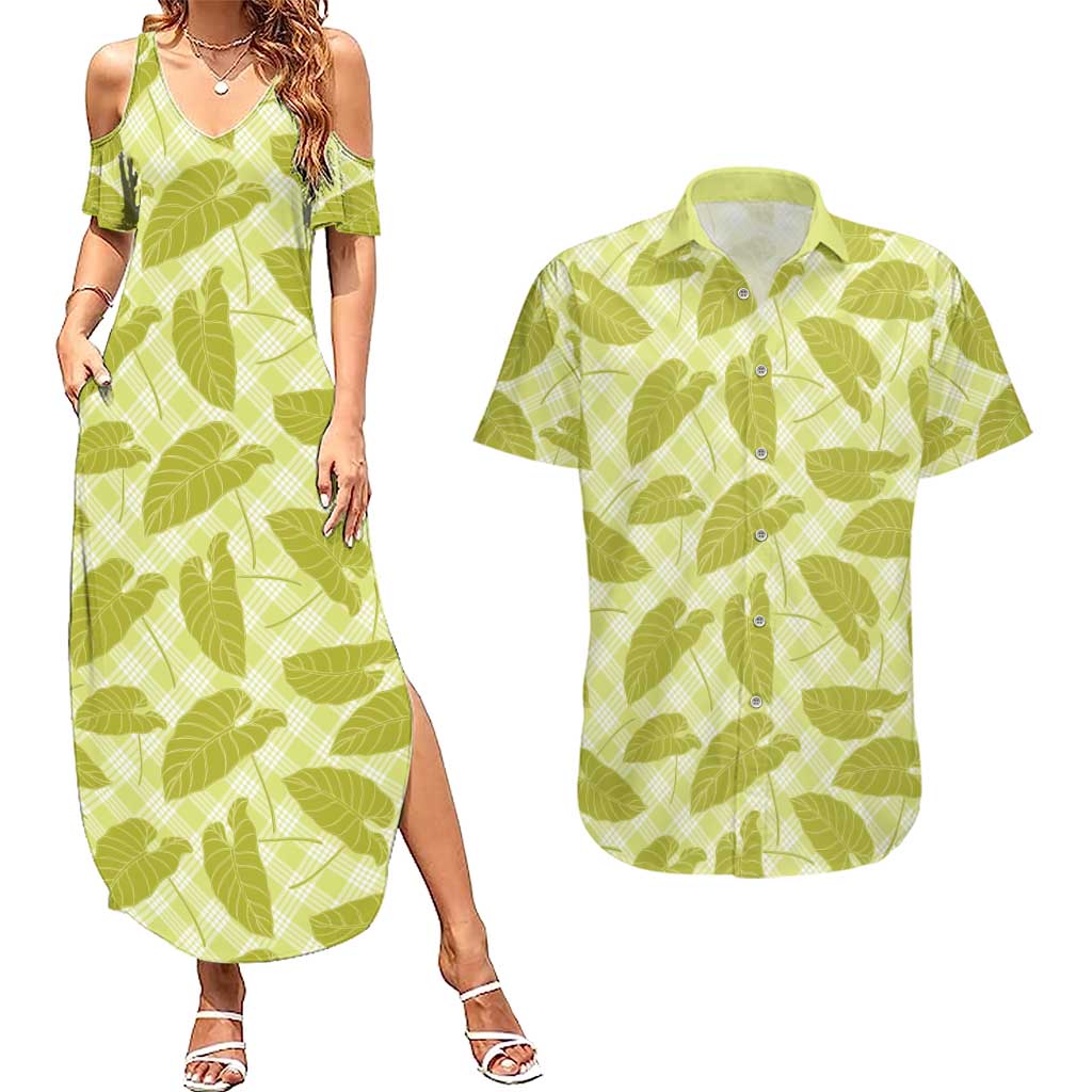 Lime Green Hawaii Kalo Palaka Motifs Couples Matching Summer Maxi Dress and Hawaiian Shirt Hawaiian Taro Leaves Elegant Vibes LT14 Lime Green - Polynesian Pride