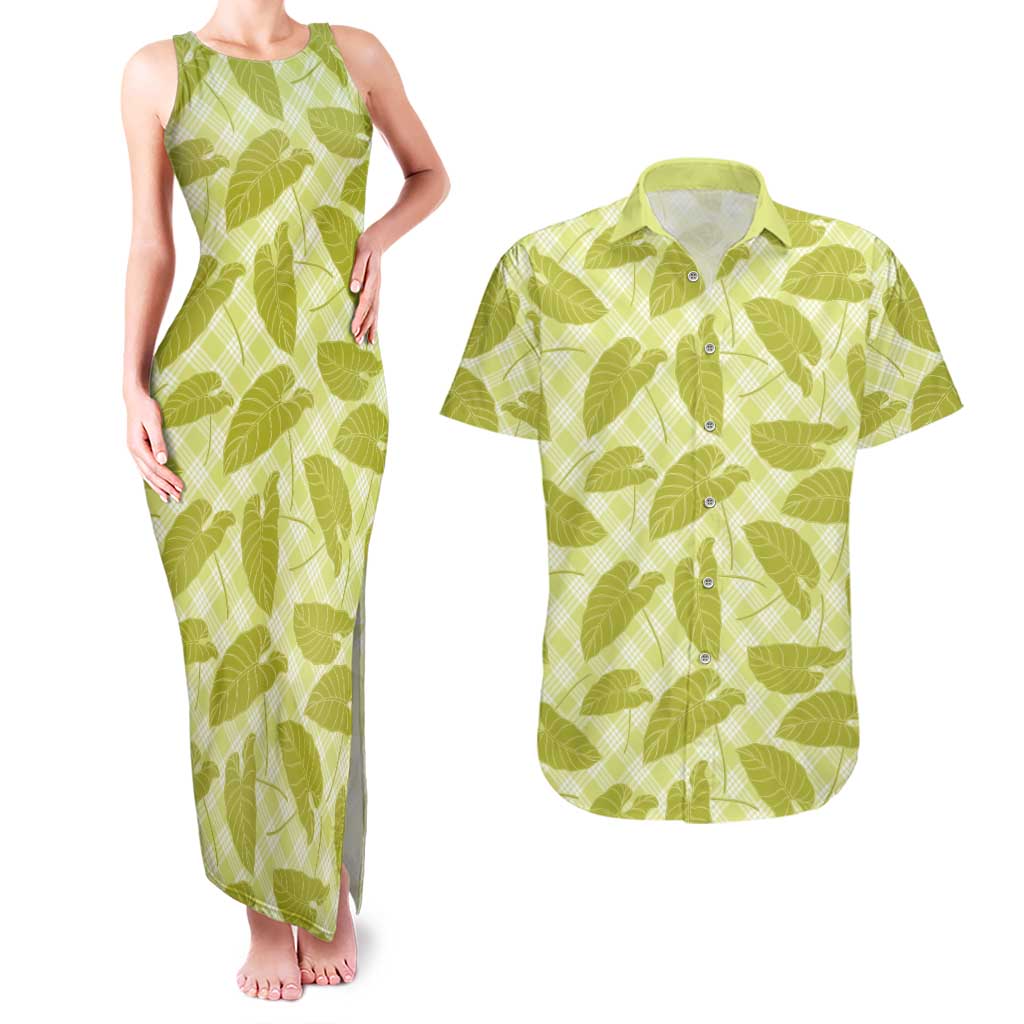 Lime Green Hawaii Kalo Palaka Motifs Couples Matching Tank Maxi Dress and Hawaiian Shirt Hawaiian Taro Leaves Elegant Vibes LT14 Lime Green - Polynesian Pride
