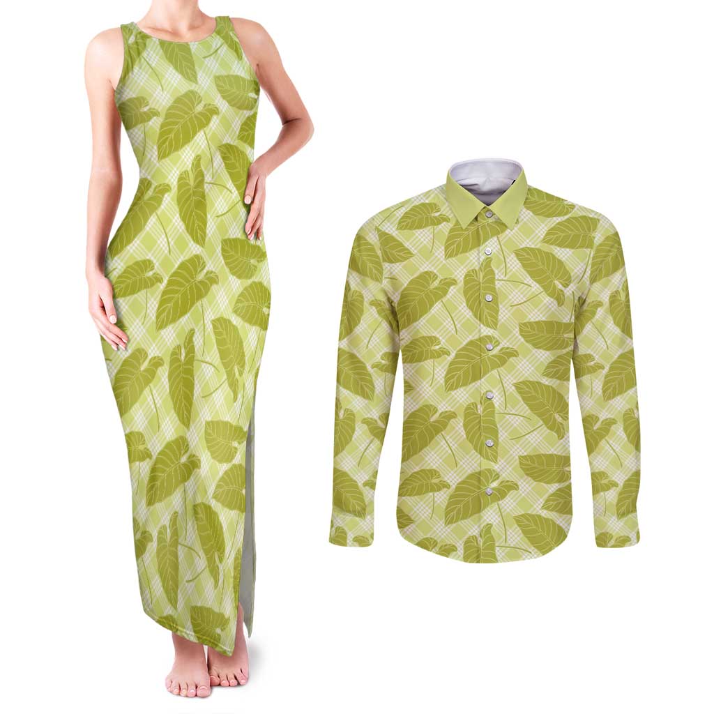 Lime Green Hawaii Kalo Palaka Motifs Couples Matching Tank Maxi Dress and Long Sleeve Button Shirt Hawaiian Taro Leaves Elegant Vibes LT14 Lime Green - Polynesian Pride