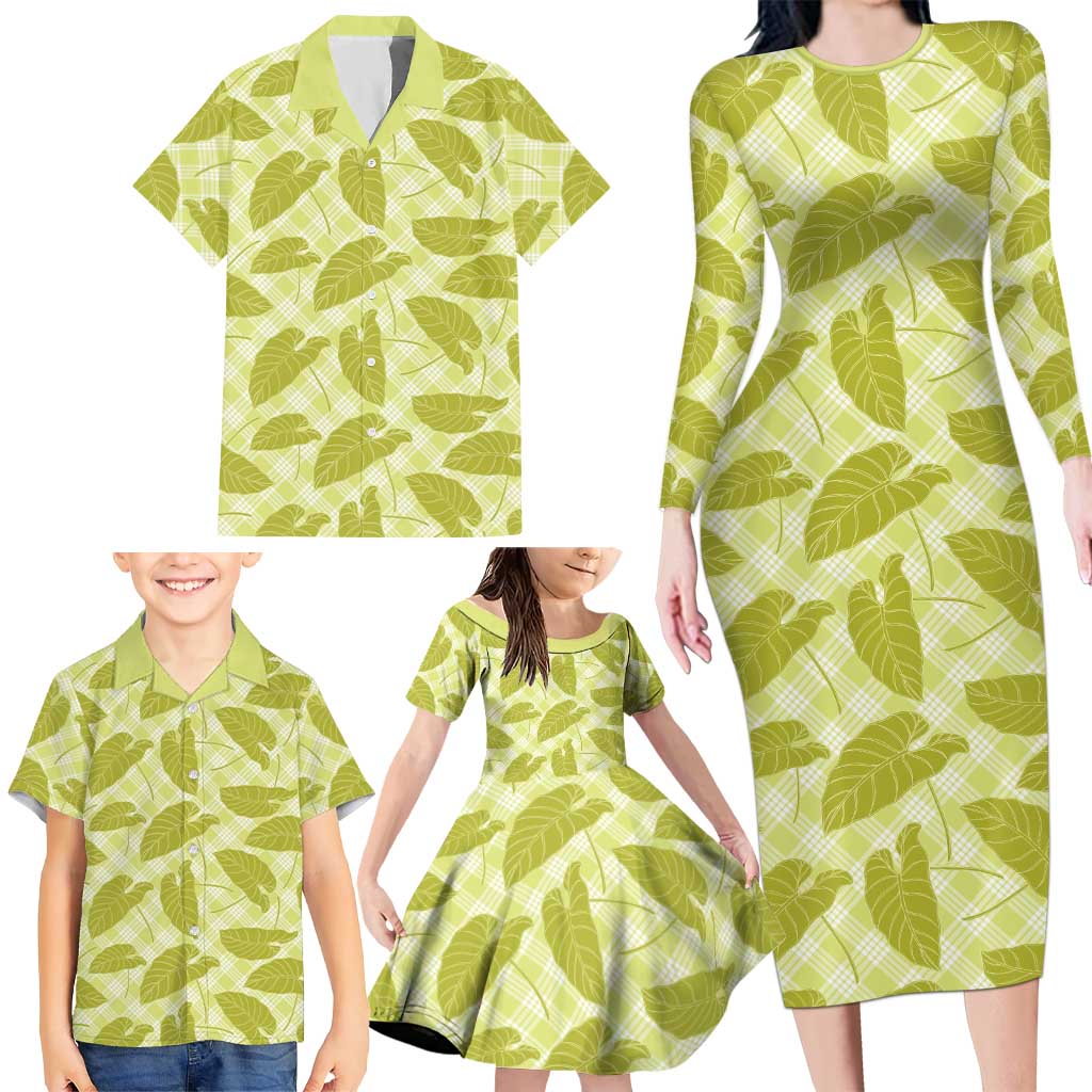 Lime Green Hawaii Kalo Palaka Motifs Family Matching Long Sleeve Bodycon Dress and Hawaiian Shirt Hawaiian Taro Leaves Elegant Vibes - Polynesian Pride