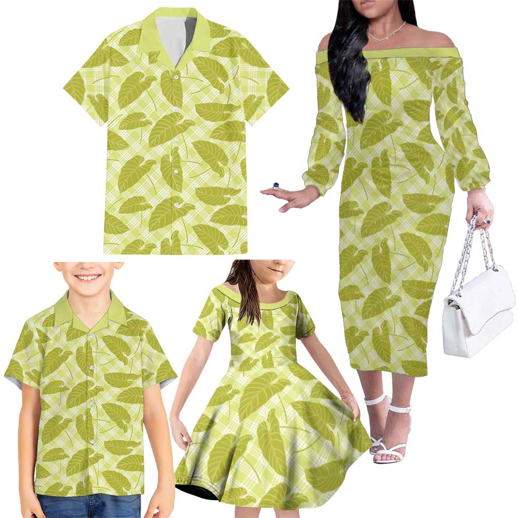 Lime Green Hawaii Kalo Palaka Motifs Family Matching Off The Shoulder Long Sleeve Dress and Hawaiian Shirt Hawaiian Taro Leaves Elegant Vibes LT14 - Polynesian Pride
