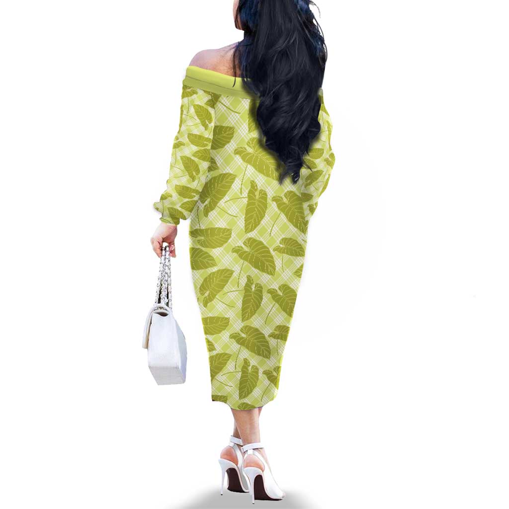 Lime Green Hawaii Kalo Palaka Motifs Family Matching Off The Shoulder Long Sleeve Dress and Hawaiian Shirt Hawaiian Taro Leaves Elegant Vibes LT14 - Polynesian Pride