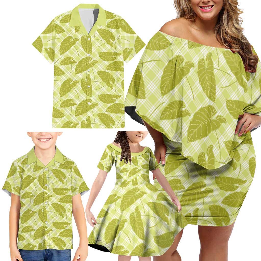 Lime Green Hawaii Kalo Palaka Motifs Family Matching Off Shoulder Short Dress and Hawaiian Shirt Hawaiian Taro Leaves Elegant Vibes - Polynesian Pride